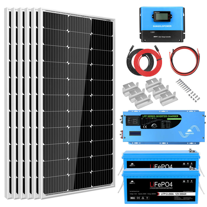 SunGold Power Off Grid Solar Kit 3000W Inverter 12VDC 120V Output LifePO4 Battery 600 watt Solar Back Up SGK-PRO3