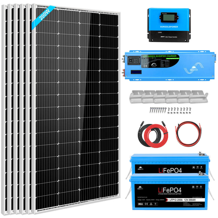 SunGold Power Off Grid Solar Kit 4000W Inverter 12VDC 120V/240V LiFePO4 Battery 1200 Watt Solar Back Up SGK-PR4S