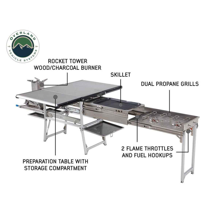 OVS Komodo Camp Kitchen - Dual Grill, Skillet, Folding Shelves, Rocket Tower - Stainless Steel