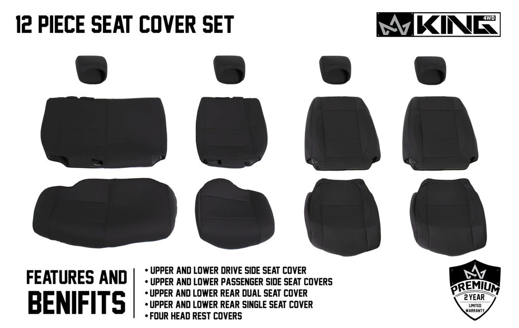 King 4WD Premium Neoprene Seat Covers, Black/Black Jeep Wrangler JK 4 Door 2008 - 2012