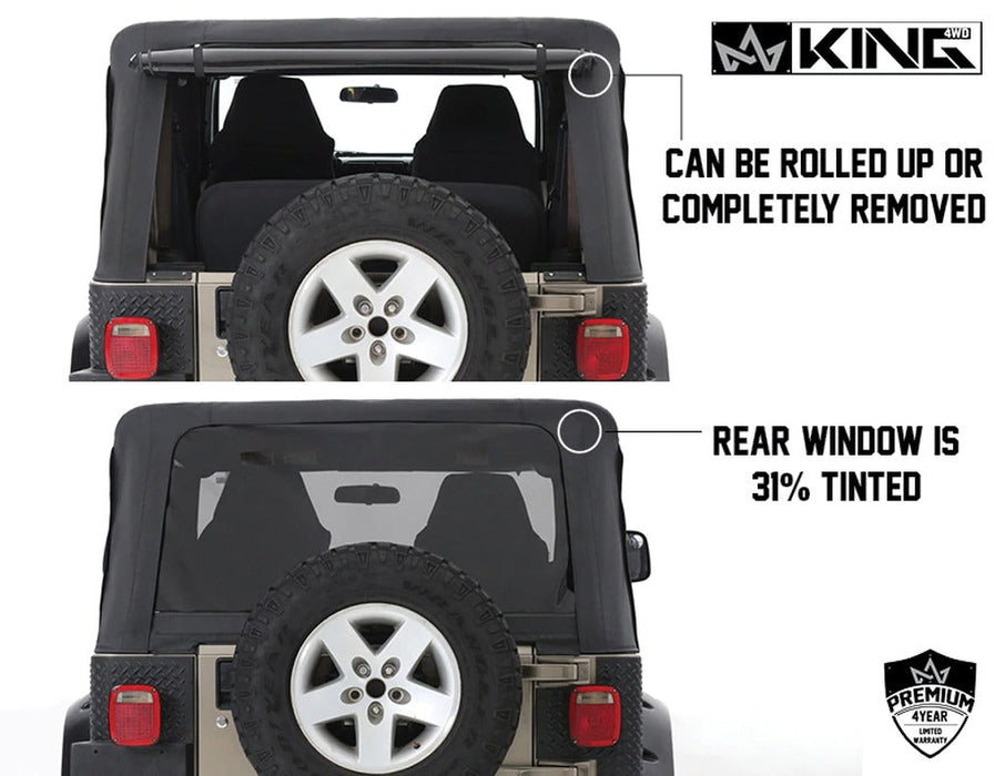 King 4WD Premium Replacement Soft Top With Front Doors, Black Diamond With Tinted Windows, Jeep Wrangler TJ 1997-2006