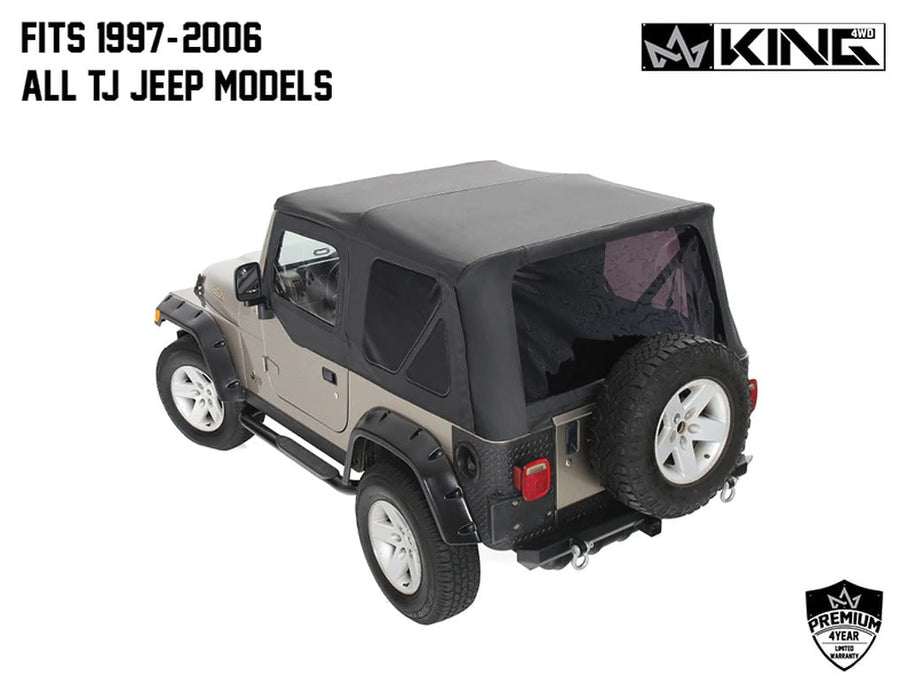 King 4WD Premium Replacement Soft Top With Front Doors, Black Diamond With Tinted Windows, Jeep Wrangler TJ 1997-2006