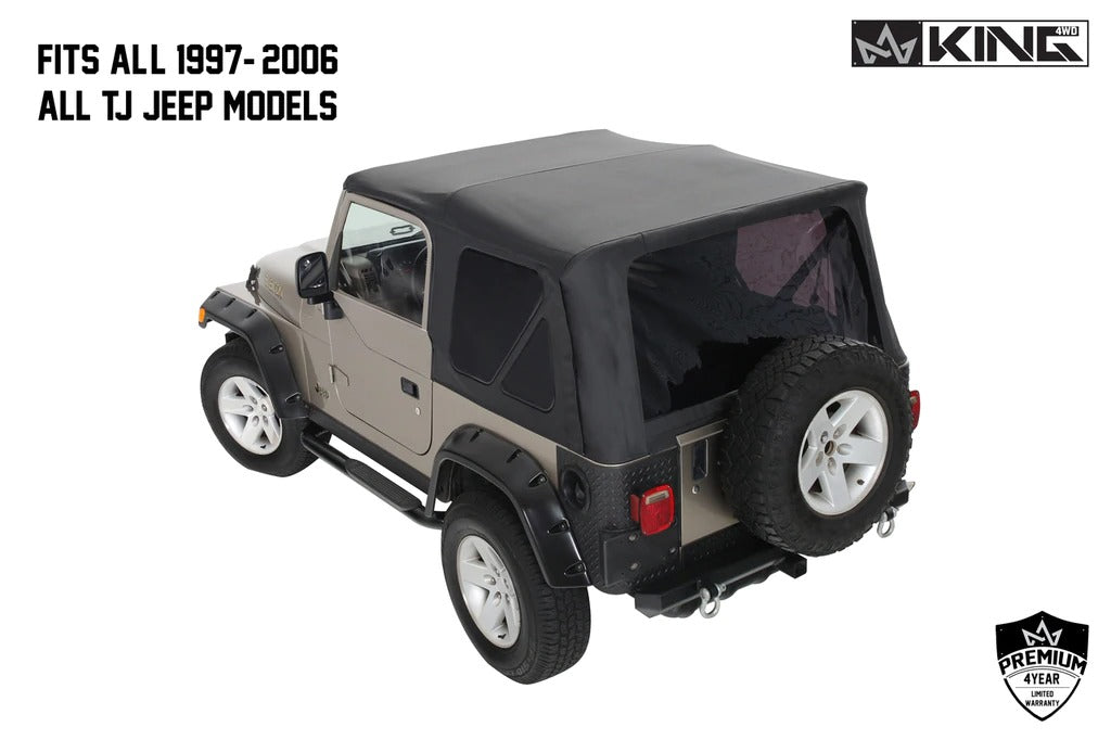 King 4WD Premium Replacement Soft Top Without Upper Doors, Black Diamond With Tinted Windows, Jeep Wrangler TJ 1997-2006