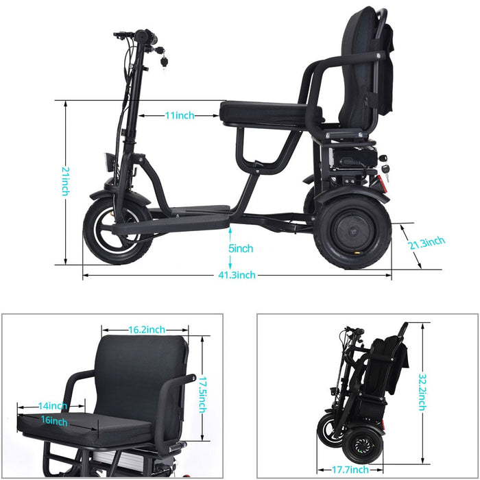 MotoTec Folding Mobility Electric Trike 48v 700w Dual Motor Lithium Black