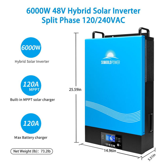 SunGold Power 6000W 48V Hybrid Solar Inverter Split Phase 120/240VAC (Grid Feedback & Batteryless)